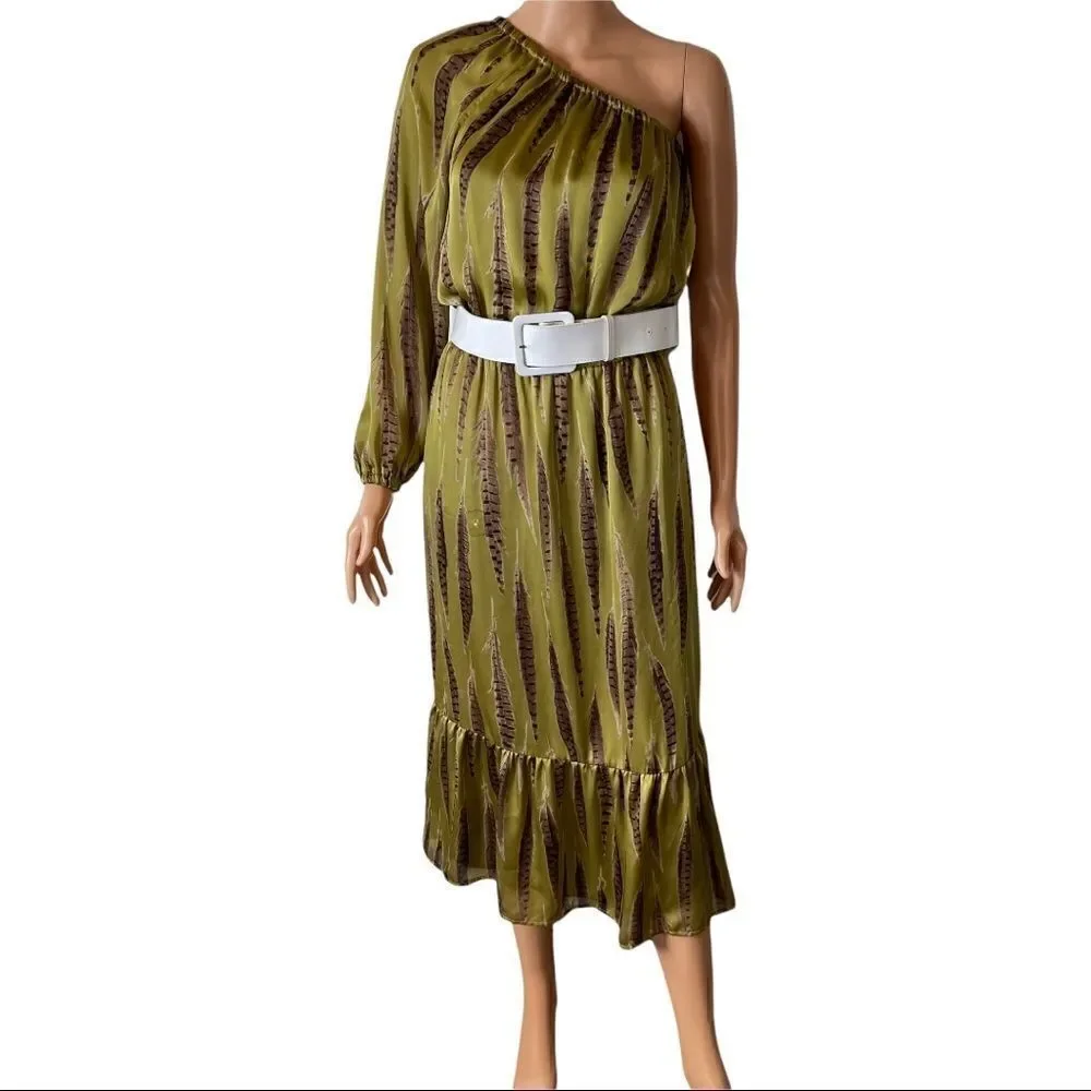 Michael Kors Tarragon Peasant One Shoulder MIDI Dress XSMALL